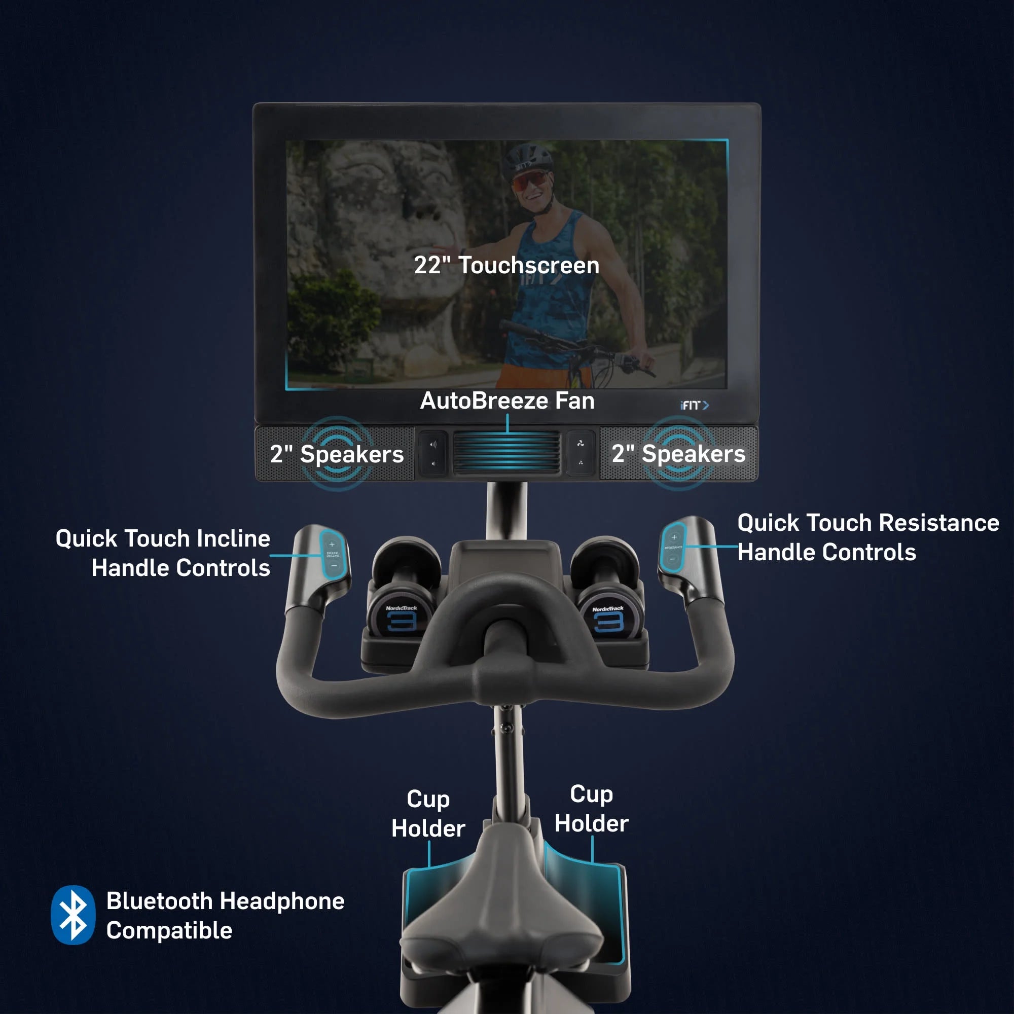 Commercial Series S22I; Ifit-Enabled Indoor Exercise Bike with 22” Pivoting Touchscreen and Incline/Decline Functionality